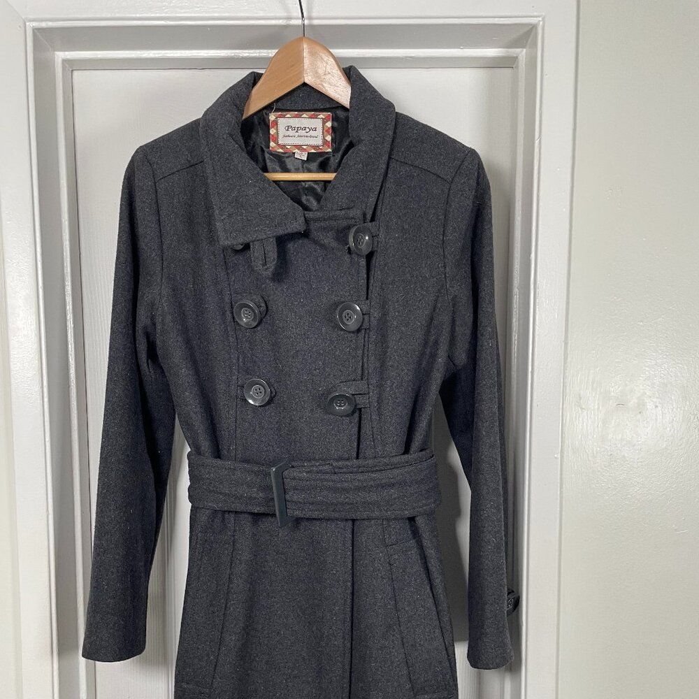 Papaya Charcoal Gray Large Women's Belted Pea Coat
